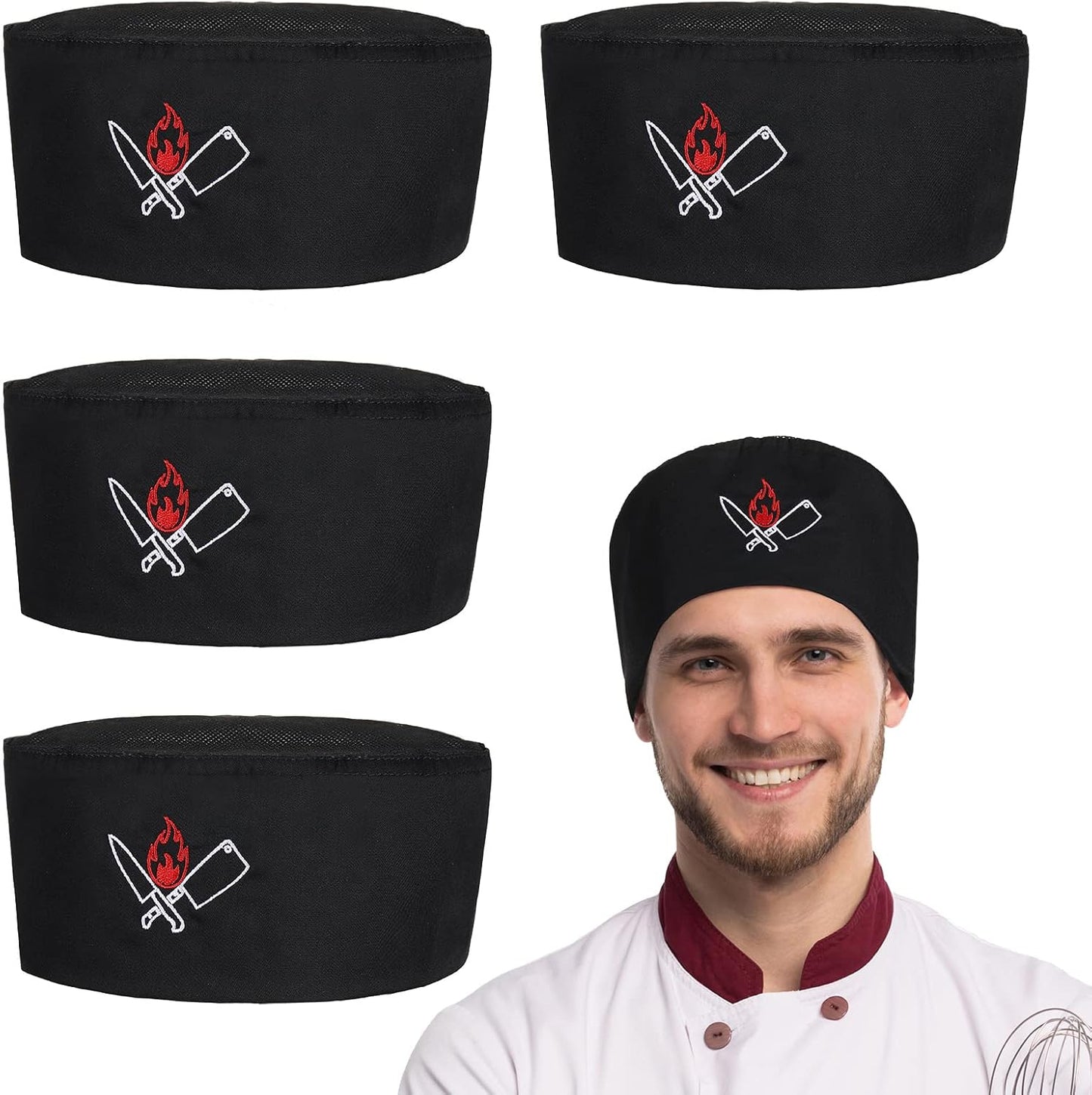 4 Pieces Unisex Chef Hat Mesh Top Skull Fabric Chef Hat Kitchen Cooking Beanie for Adults Mixed Color One Size