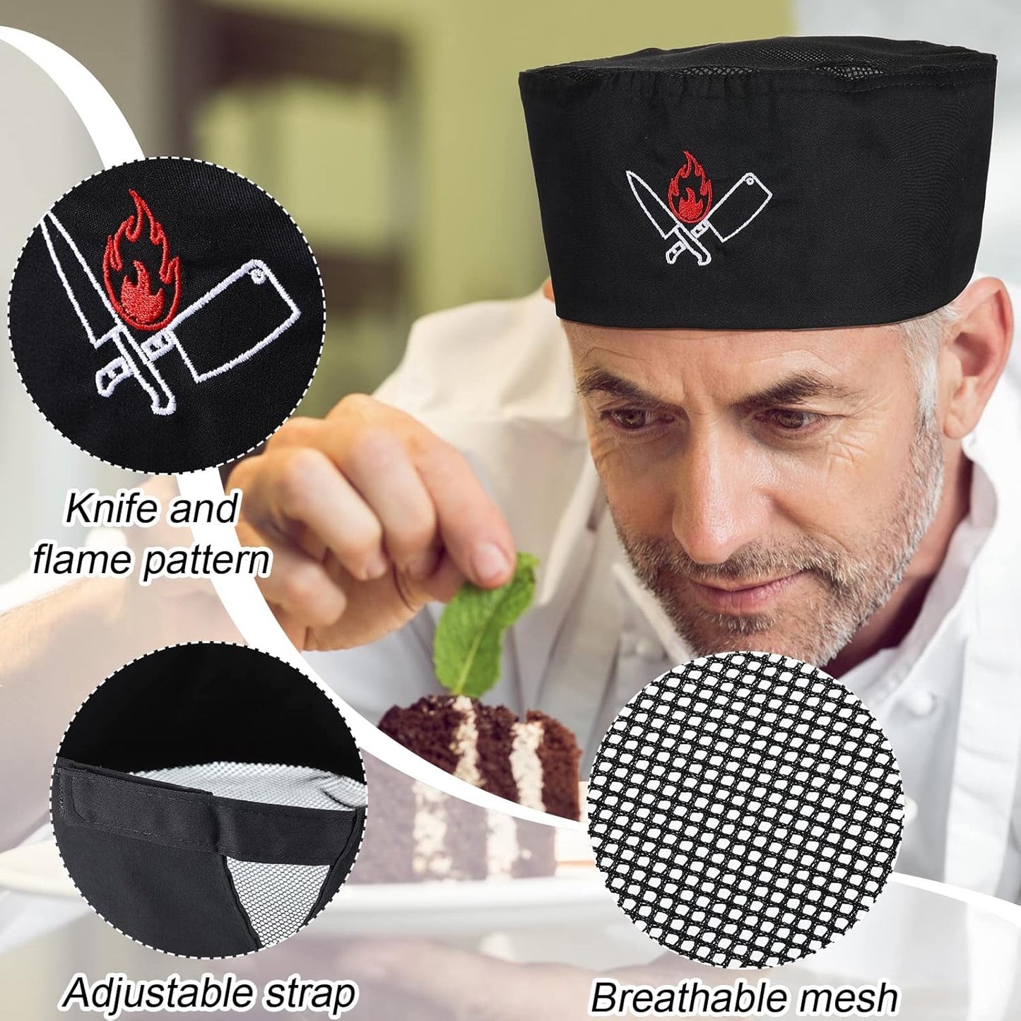 4 Pieces Unisex Chef Hat Mesh Top Skull Fabric Chef Hat Kitchen Cooking Beanie for Adults Mixed Color One Size