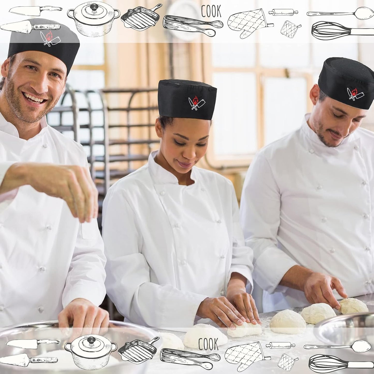 4 Pieces Unisex Chef Hat Mesh Top Skull Fabric Chef Hat Kitchen Cooking Beanie for Adults Mixed Color One Size