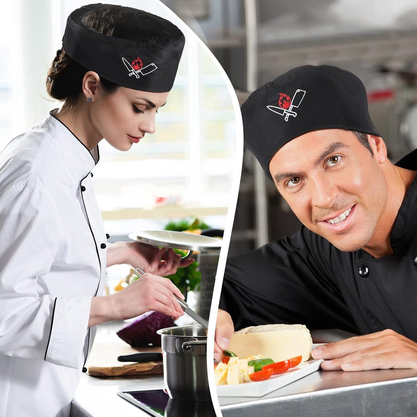 4 Pieces Unisex Chef Hat Mesh Top Skull Fabric Chef Hat Kitchen Cooking Beanie for Adults Mixed Color One Size