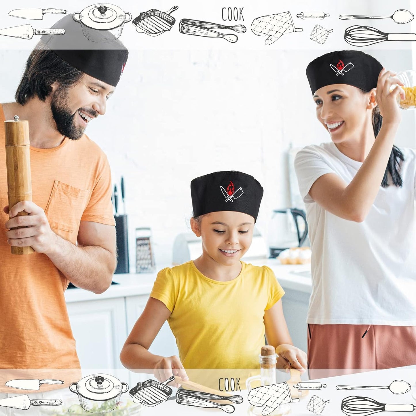 4 Pieces Unisex Chef Hat Mesh Top Skull Fabric Chef Hat Kitchen Cooking Beanie for Adults Mixed Color One Size