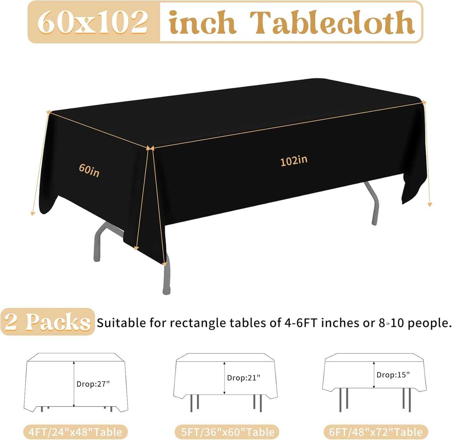 2 Pack 60 x 102 Inch Black Rectangle Tablecloth for 6 Foot Table Washable Reusable Outdoor Polyester Fabric Decorative Table Cover for Dining, Buffet, Camping, Baby Shower, Party