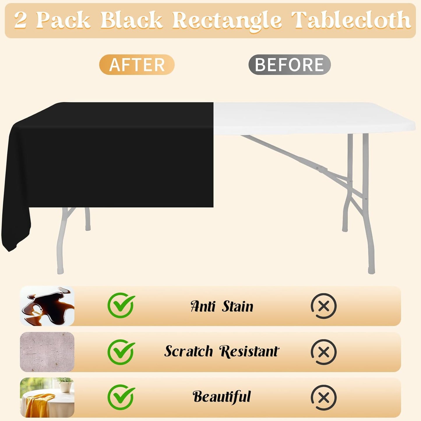 2 Pack 60 x 102 Inch Black Rectangle Tablecloth for 6 Foot Table Washable Reusable Outdoor Polyester Fabric Decorative Table Cover for Dining, Buffet, Camping, Baby Shower, Party