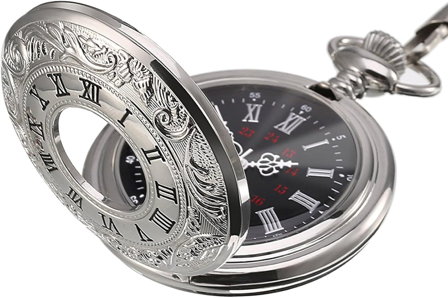 Vintage Pocket Watch Steel Men Watch with Chain (Silver)