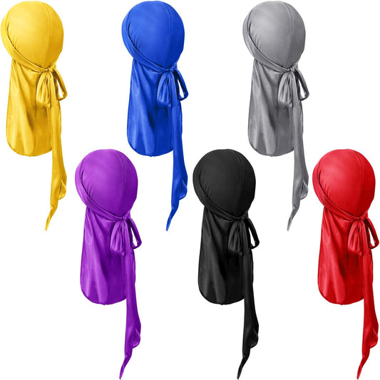 6 Pieces Kids Satin Silk Durag Caps Wave Wide Strap Headwraps Long Tail Turban Beanies for Boys Girls, Multicoloured, Medium