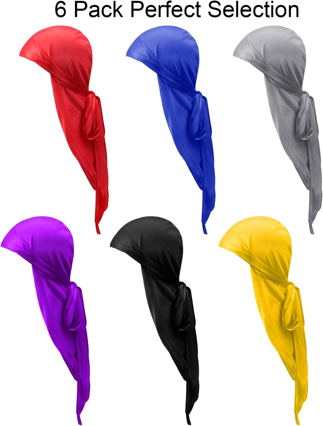 6 Pieces Kids Satin Silk Durag Caps Wave Wide Strap Headwraps Long Tail Turban Beanies for Boys Girls, Multicoloured, Medium