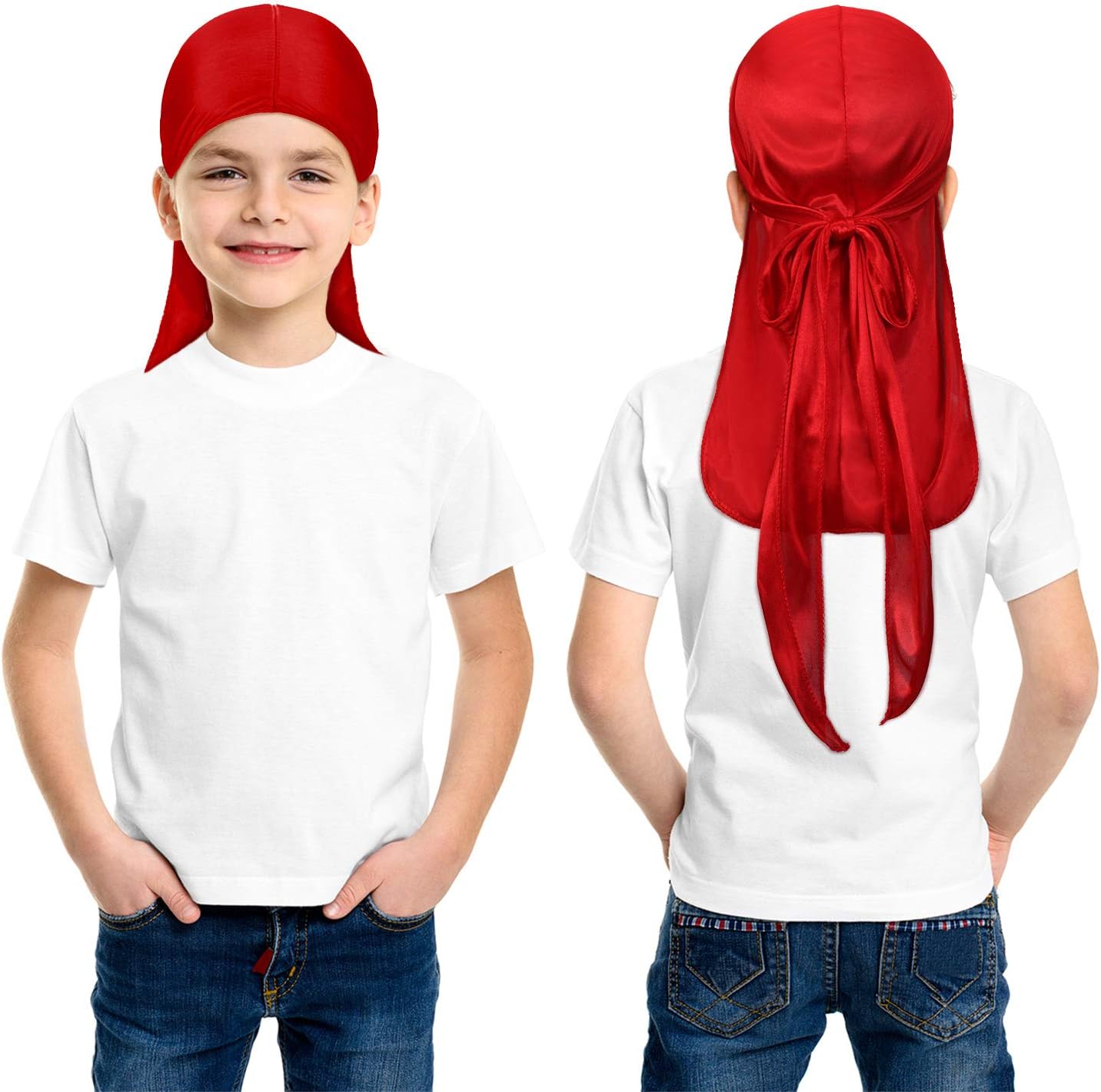 6 Pieces Kids Satin Silk Durag Caps Wave Wide Strap Headwraps Long Tail Turban Beanies for Boys Girls, Multicoloured, Medium