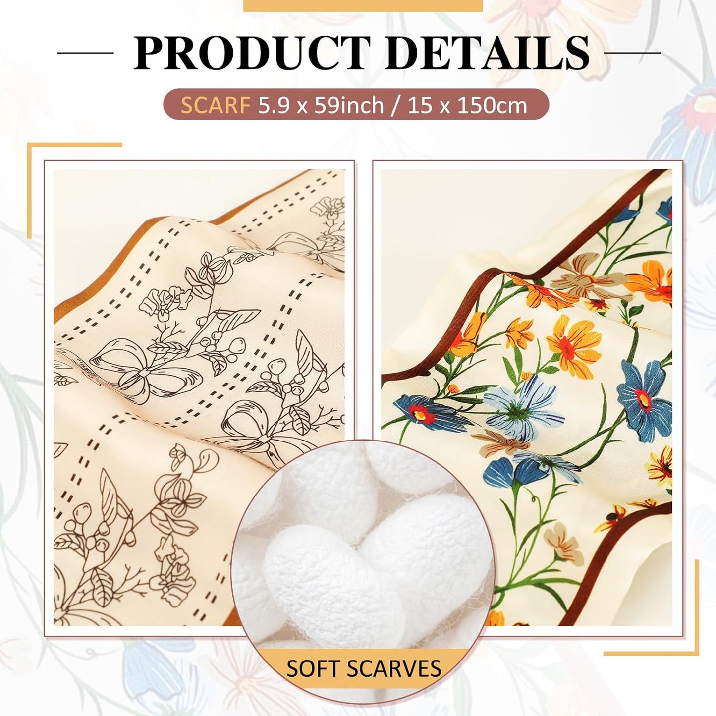 2 Pcs 59 Inch Silk Head Scarf Hair Neck Scarves Women's Fashion Square Neck Satin Scarfs for Women Purse Bag Scarfs for Handbags Silky Long Satin Headscarf