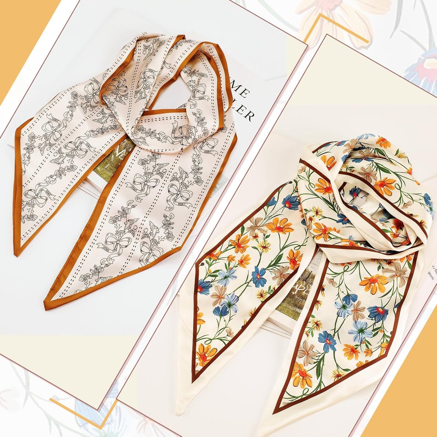2 Pcs 59 Inch Silk Head Scarf Hair Neck Scarves Women's Fashion Square Neck Satin Scarfs for Women Purse Bag Scarfs for Handbags Silky Long Satin Headscarf
