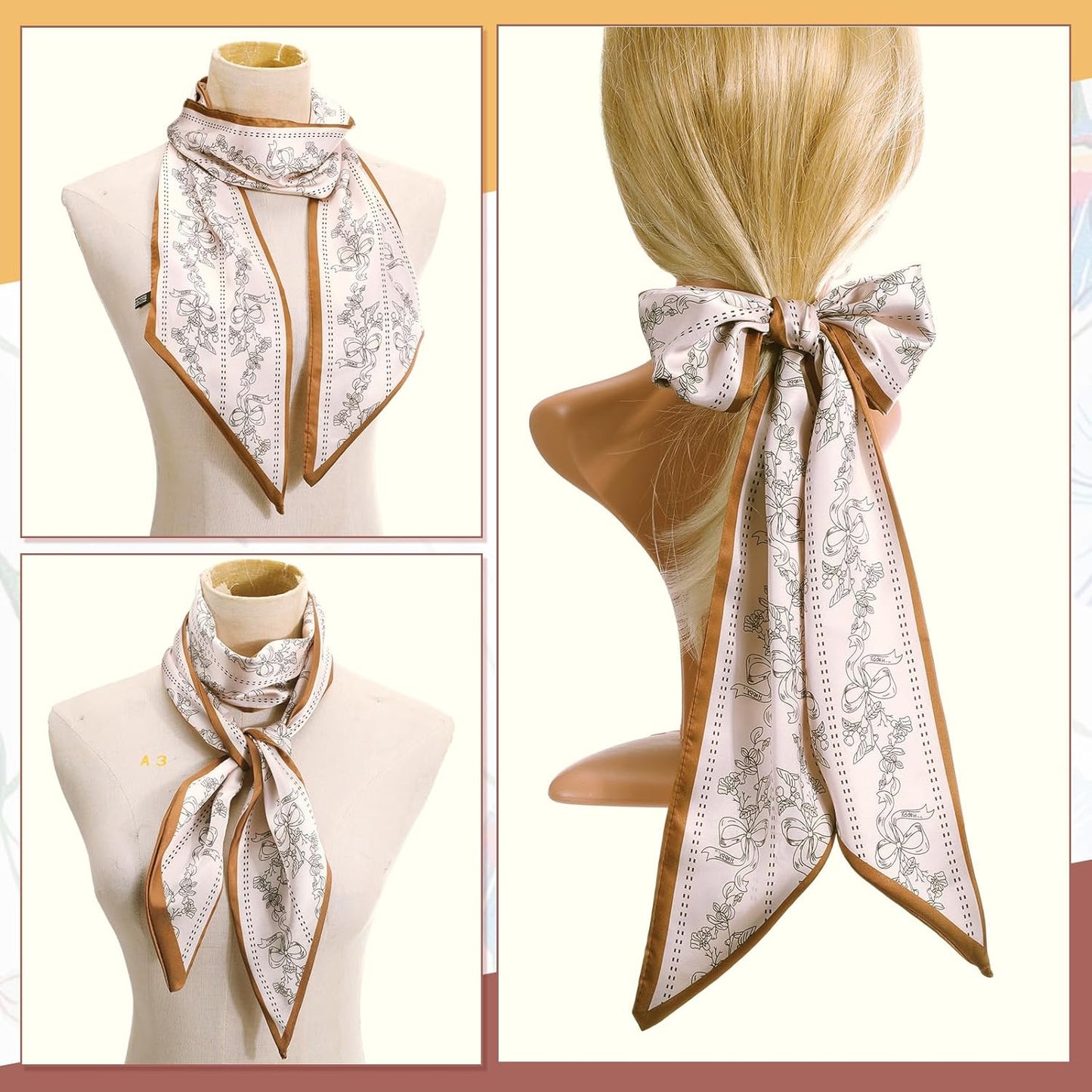 2 Pcs 59 Inch Silk Head Scarf Hair Neck Scarves Women's Fashion Square Neck Satin Scarfs for Women Purse Bag Scarfs for Handbags Silky Long Satin Headscarf