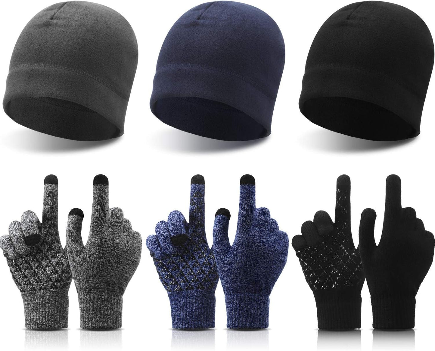 6 PCS Winter Warm Beanie Hat Fleece Cap and Touchscreen Thermal Anti-Slip Gloves