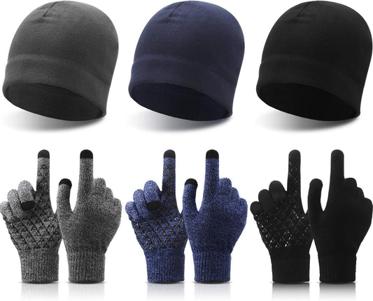 6 PCS Winter Warm Beanie Hat Fleece Cap and Touchscreen Thermal Anti-Slip Gloves