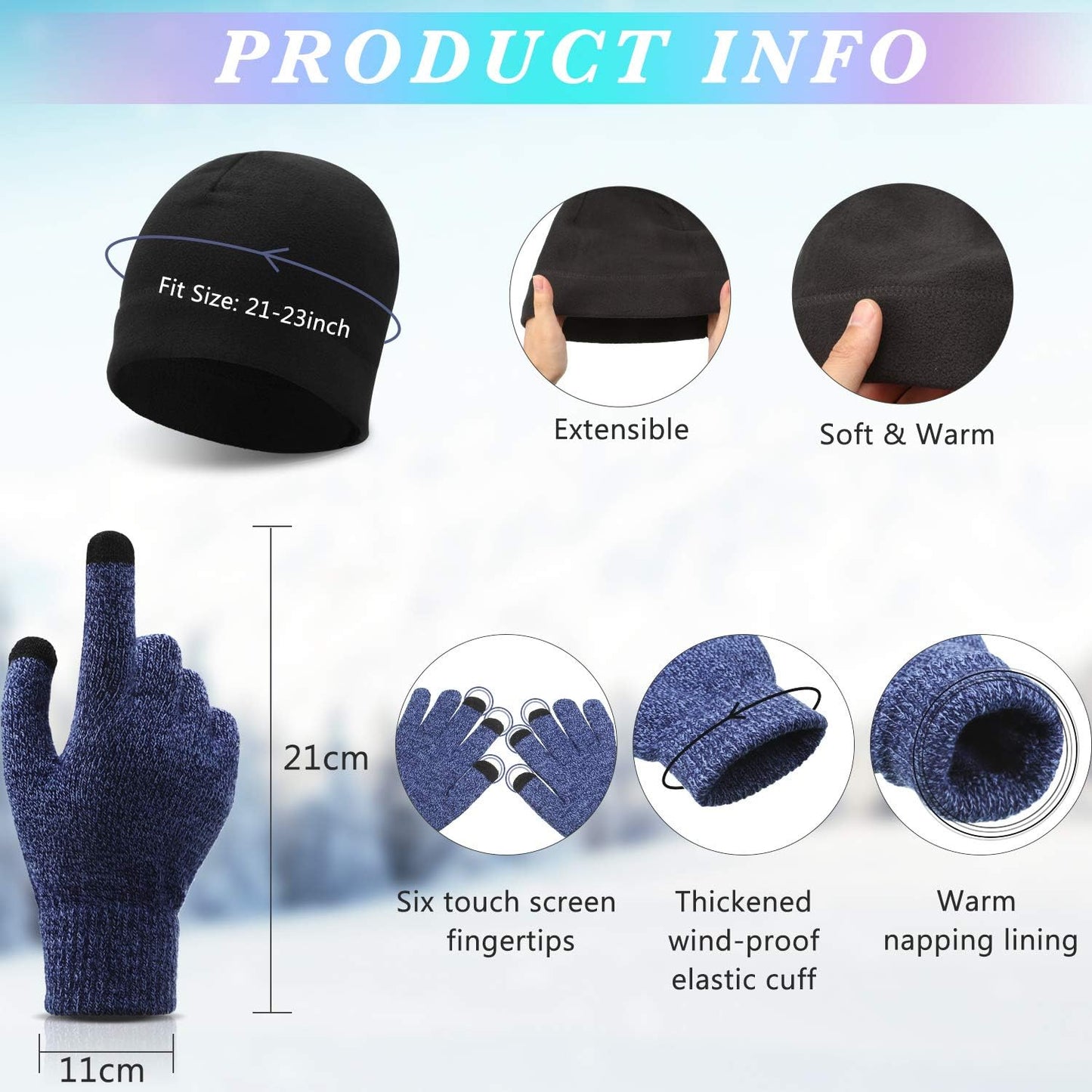 6 PCS Winter Warm Beanie Hat Fleece Cap and Touchscreen Thermal Anti-Slip Gloves