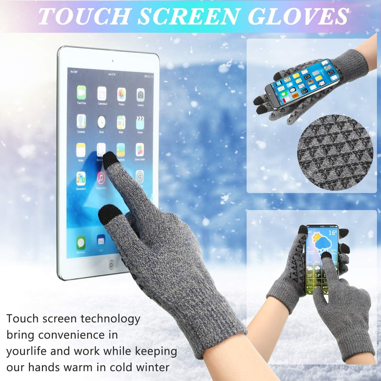 6 PCS Winter Warm Beanie Hat Fleece Cap and Touchscreen Thermal Anti-Slip Gloves