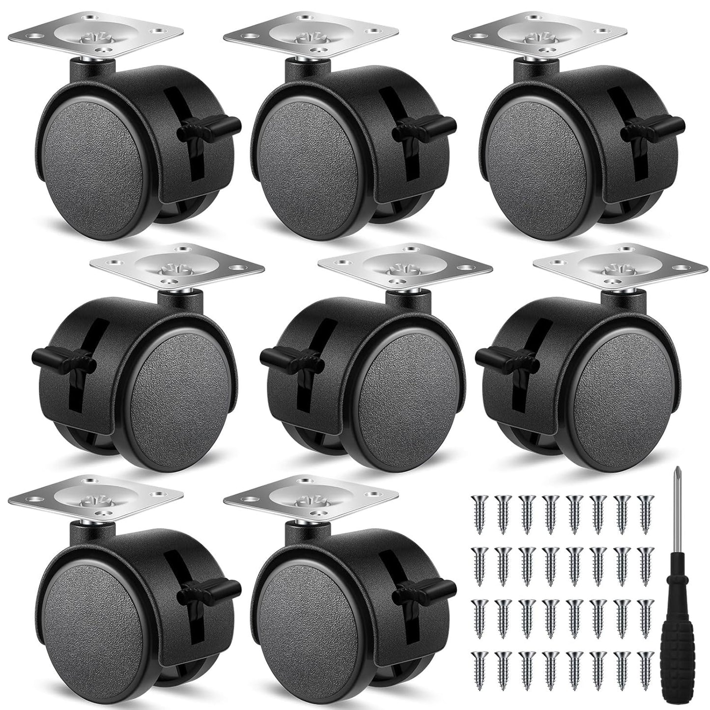 8 Pcs 1.5 Inch Plastic Furniture Wheels with Brake Swivel Replacement Wheels Small Nylon Plastic Casters for Rolling Cart Table Chair Cabinet, Black (Flat Style)