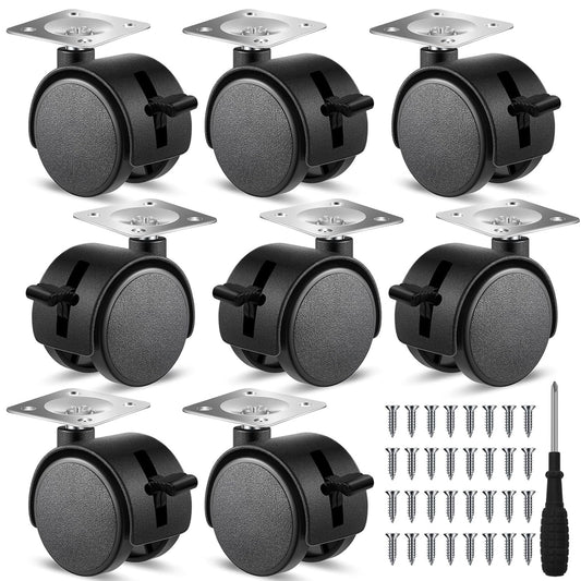 8 Pcs 1.5 Inch Plastic Furniture Wheels with Brake Swivel Replacement Wheels Small Nylon Plastic Casters for Rolling Cart Table Chair Cabinet, Black (Flat Style)
