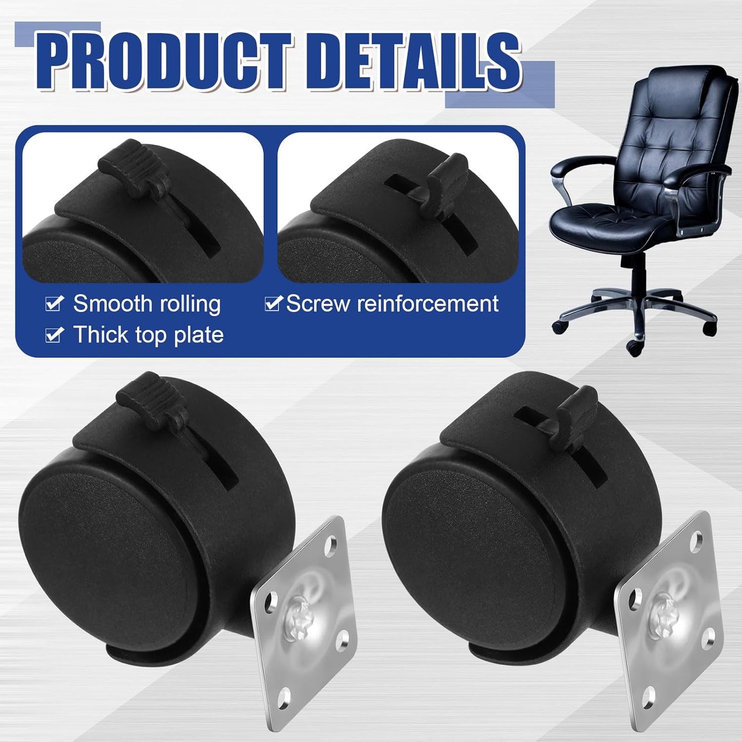 8 Pcs 1.5 Inch Plastic Furniture Wheels with Brake Swivel Replacement Wheels Small Nylon Plastic Casters for Rolling Cart Table Chair Cabinet, Black (Flat Style)