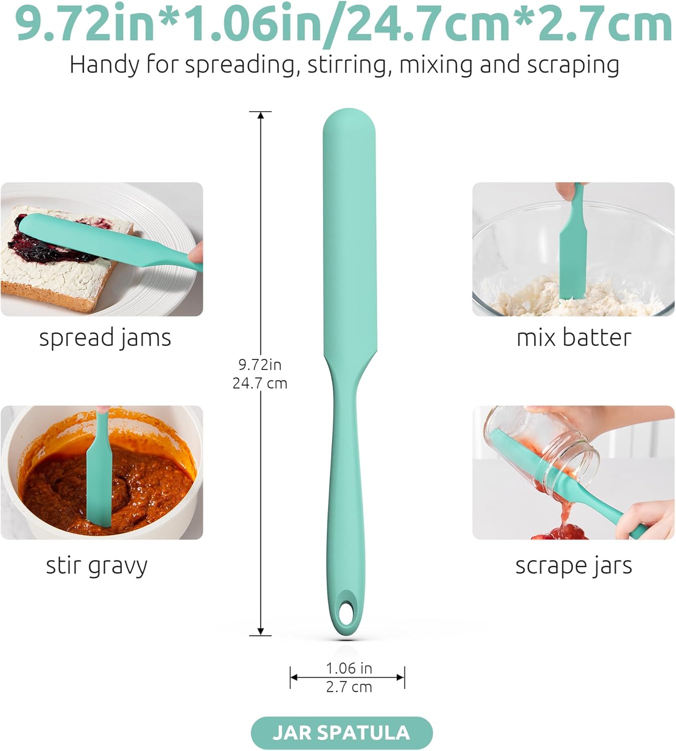 Skinny Silicone Jar Spatula: 600ºF Heat-Resistant Food-Grade 10in Long Narrow Sourdough Stirring Stick, Seamless Flexible Peanut Butter Spreader for Scraping Icing Bread Cream, Jam (Aqua Sky)