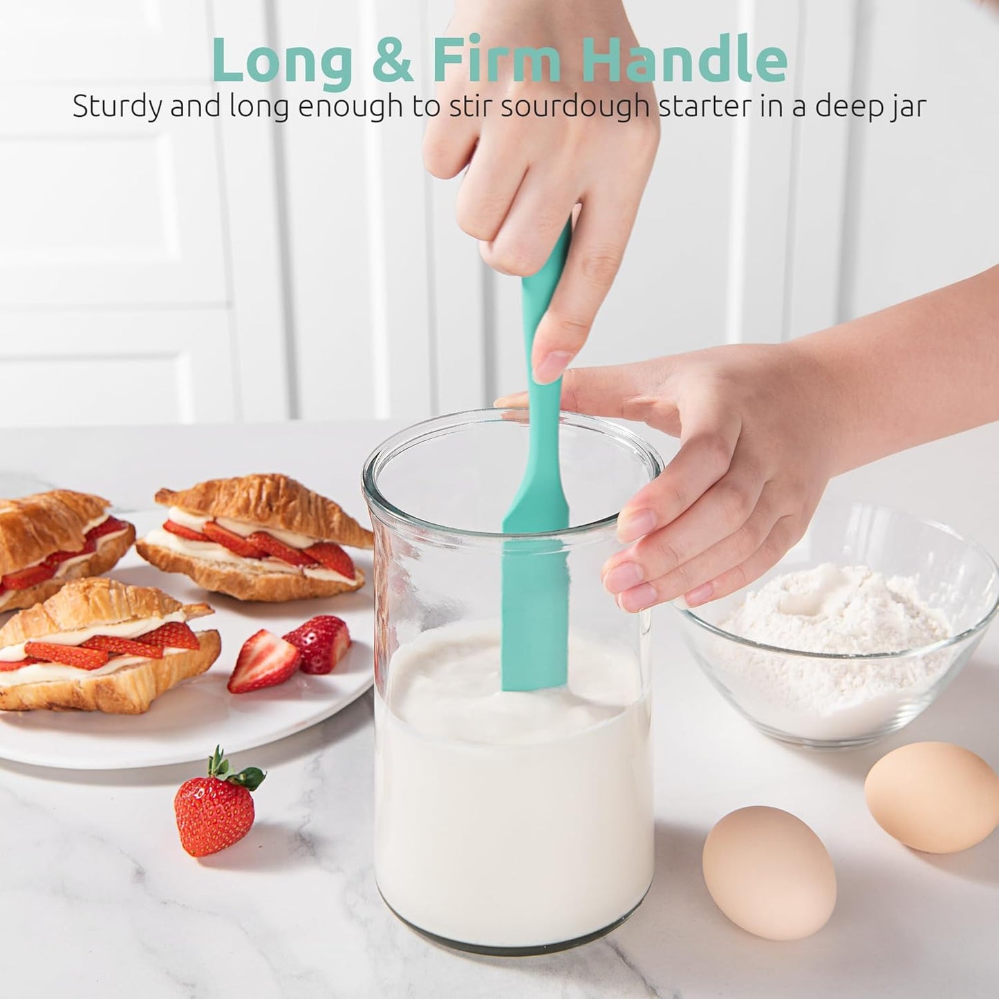 Skinny Silicone Jar Spatula: 600ºF Heat-Resistant Food-Grade 10in Long Narrow Sourdough Stirring Stick, Seamless Flexible Peanut Butter Spreader for Scraping Icing Bread Cream, Jam (Aqua Sky)