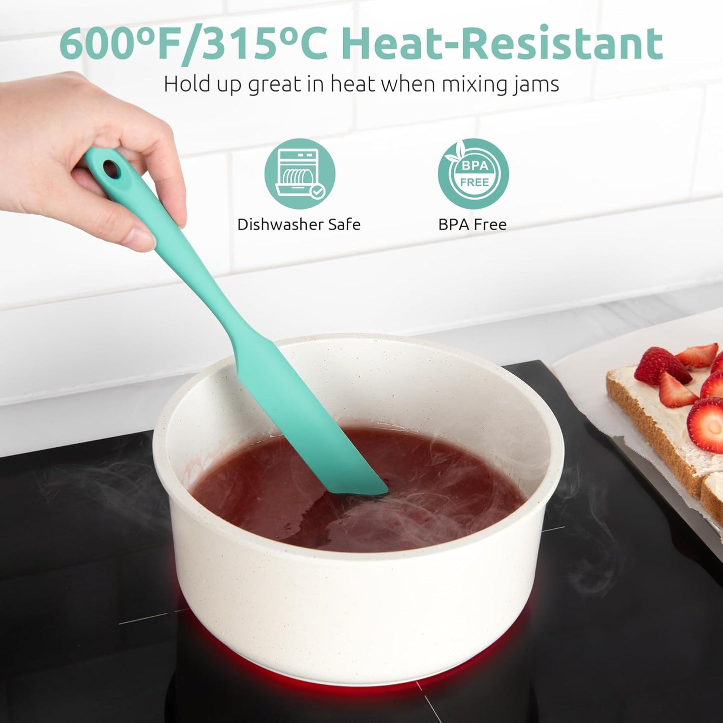 Skinny Silicone Jar Spatula: 600ºF Heat-Resistant Food-Grade 10in Long Narrow Sourdough Stirring Stick, Seamless Flexible Peanut Butter Spreader for Scraping Icing Bread Cream, Jam (Aqua Sky)