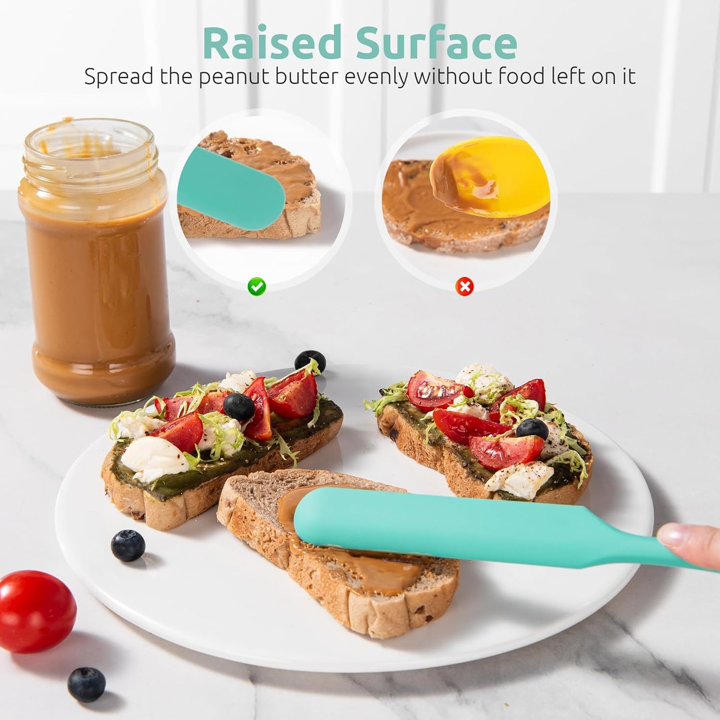 Skinny Silicone Jar Spatula: 600ºF Heat-Resistant Food-Grade 10in Long Narrow Sourdough Stirring Stick, Seamless Flexible Peanut Butter Spreader for Scraping Icing Bread Cream, Jam (Aqua Sky)