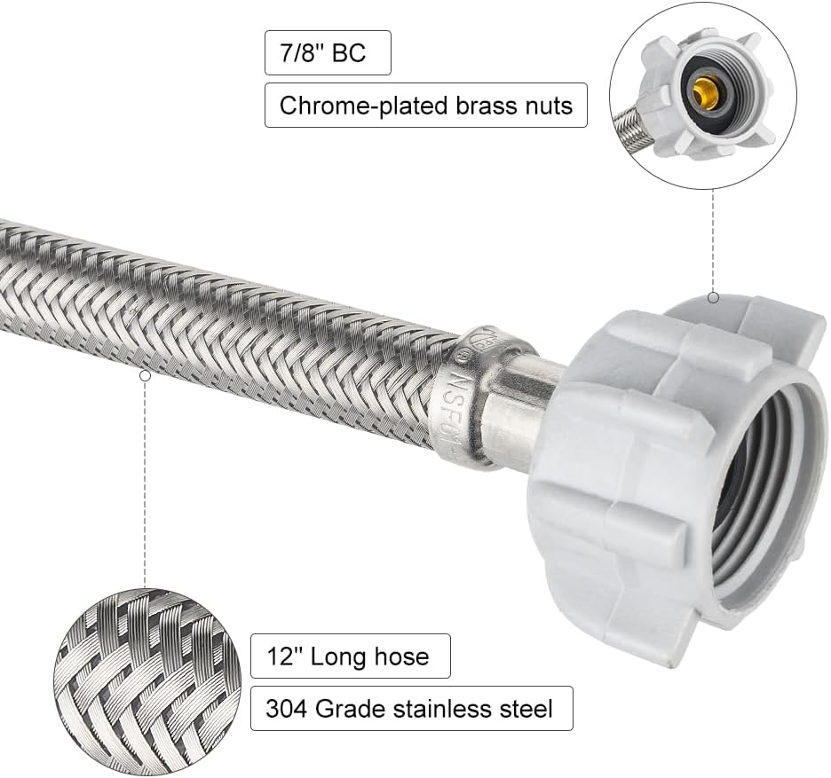 2-Pack  12-inch Toilet Water Supply Connector Line Braided Stainless Steel Hose, 7/8 Female Ballcock Thread x 3/8" COMP,(HOSE049)