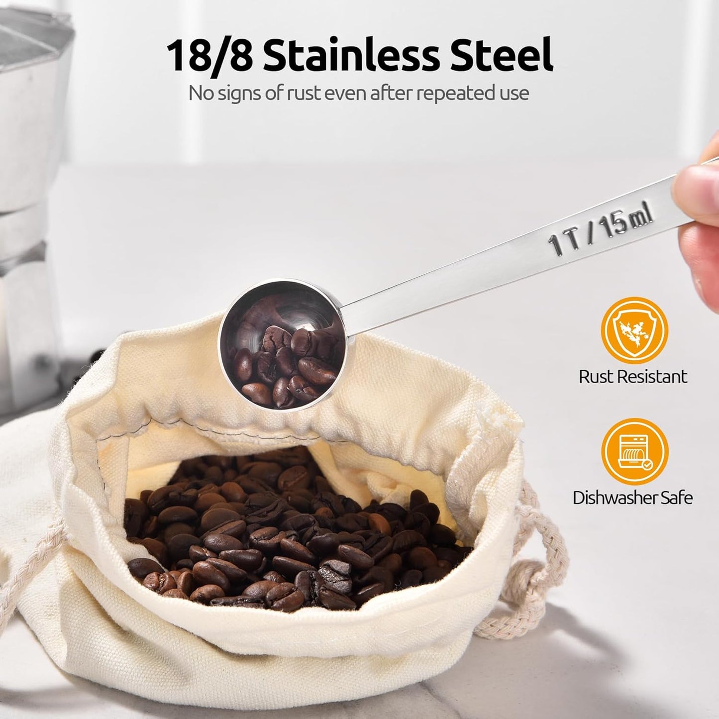 Coffee Scoop 1 Tablespoon: 18/8 Stainless Steel Measuring Scooper for Ground Coffee, Bean, Powder, Espresso, 4.3in Long Handle Metal Measure Spoon for Canister, Jar (1Tbsp/15ml)