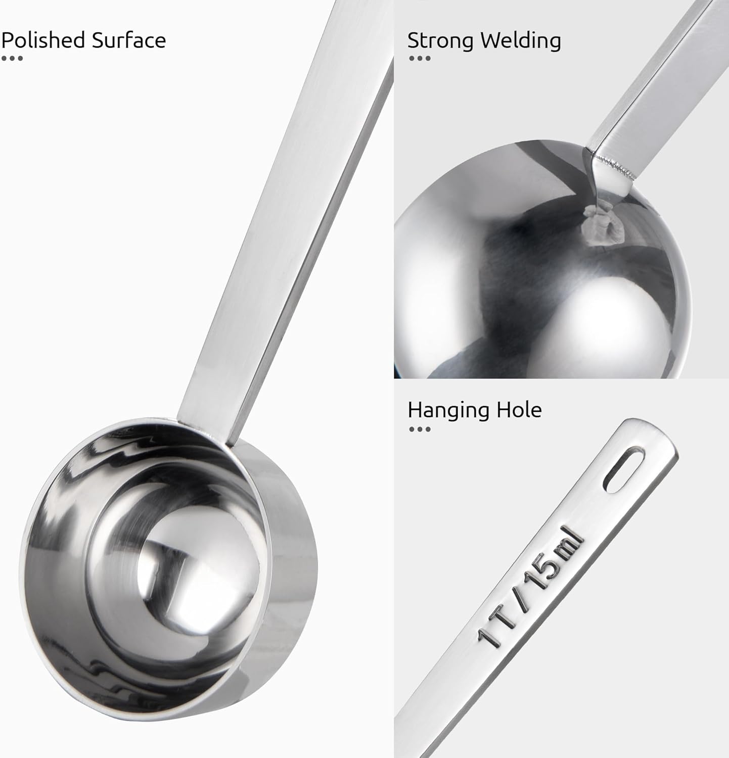 Coffee Scoop 1 Tablespoon: 18/8 Stainless Steel Measuring Scooper for Ground Coffee, Bean, Powder, Espresso, 4.3in Long Handle Metal Measure Spoon for Canister, Jar (1Tbsp/15ml)