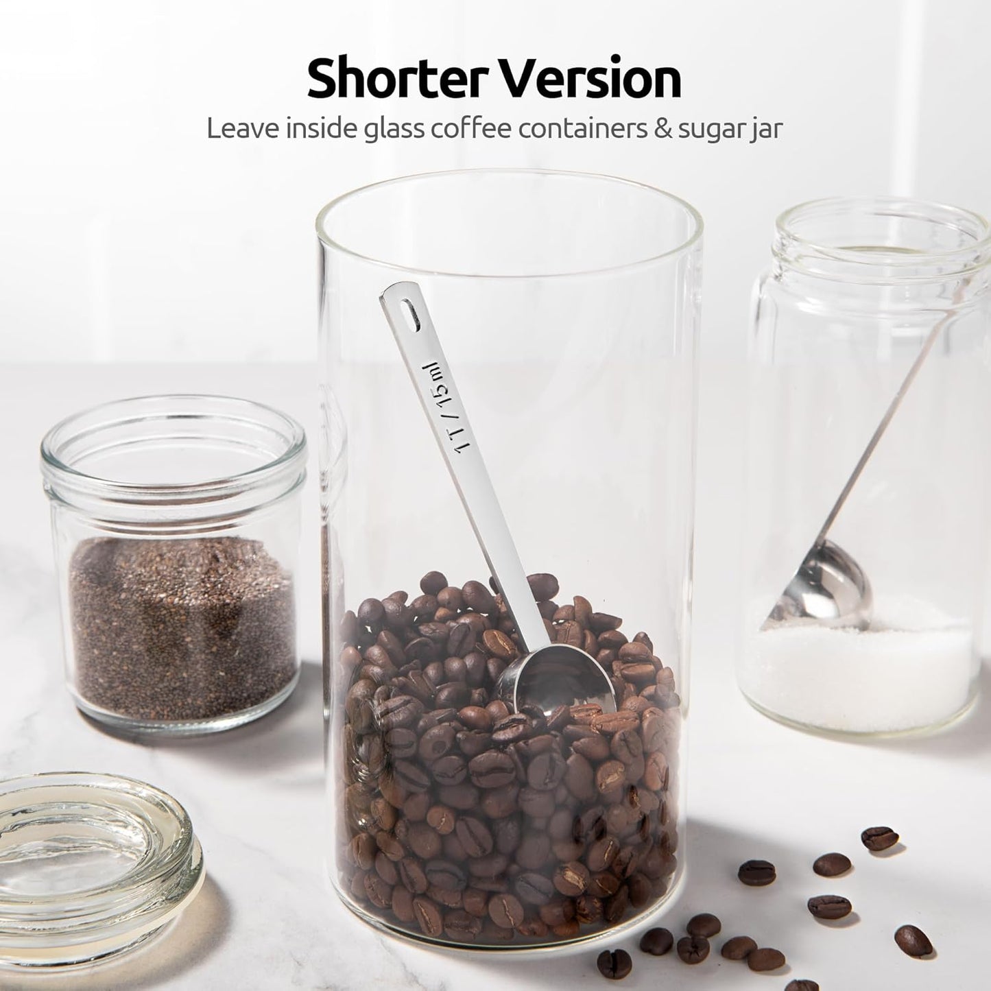 Coffee Scoop 1 Tablespoon: 18/8 Stainless Steel Measuring Scooper for Ground Coffee, Bean, Powder, Espresso, 4.3in Long Handle Metal Measure Spoon for Canister, Jar (1Tbsp/15ml)