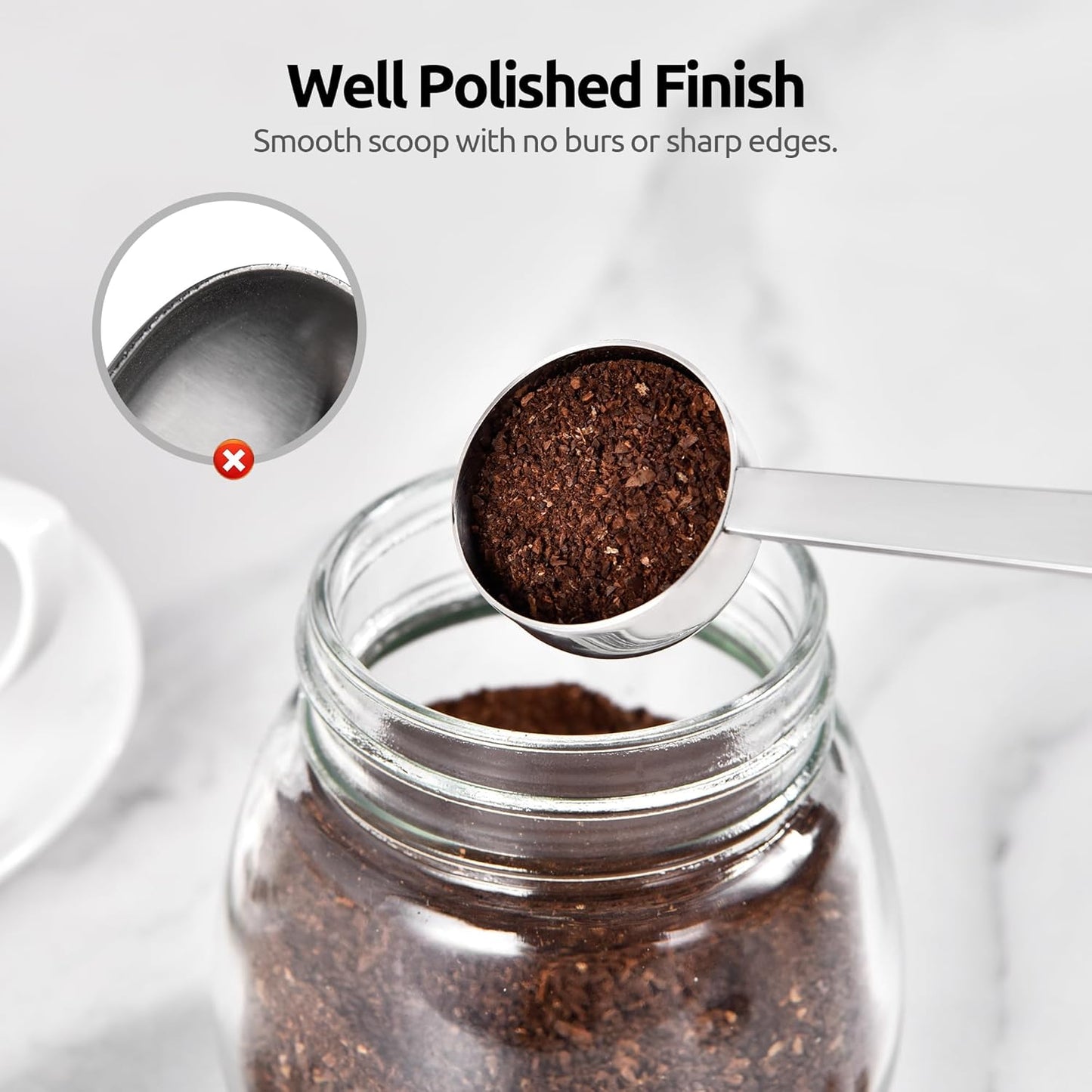Coffee Scoop 1 Tablespoon: 18/8 Stainless Steel Measuring Scooper for Ground Coffee, Bean, Powder, Espresso, 4.3in Long Handle Metal Measure Spoon for Canister, Jar (1Tbsp/15ml)