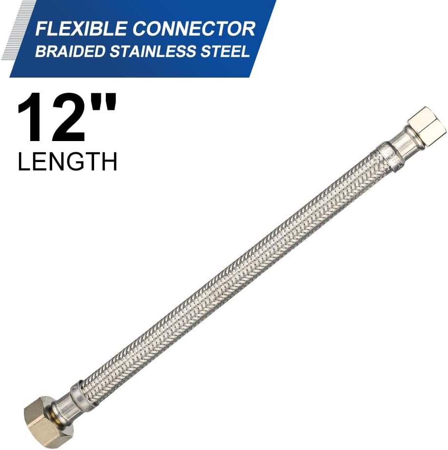 2-Pack  Faucet Supply Lines, 1/2" FIP x 3/8" COMP Faucet Hose, 12-inch length Stainless Steel Braided Supply Line,(HOSE043)