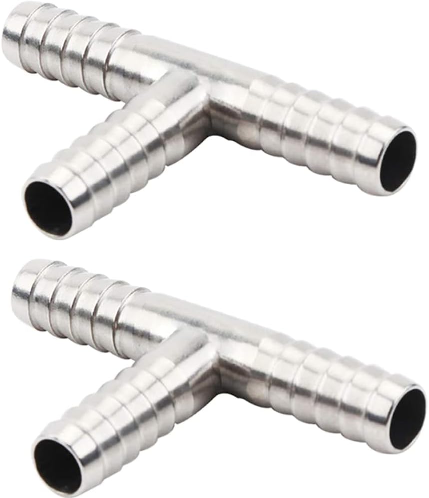 Stainless Steel 1/4" Hose Barb, 3 Way Tee T Shape Barbed Co2 Splitter Fitting (Pack of 2)