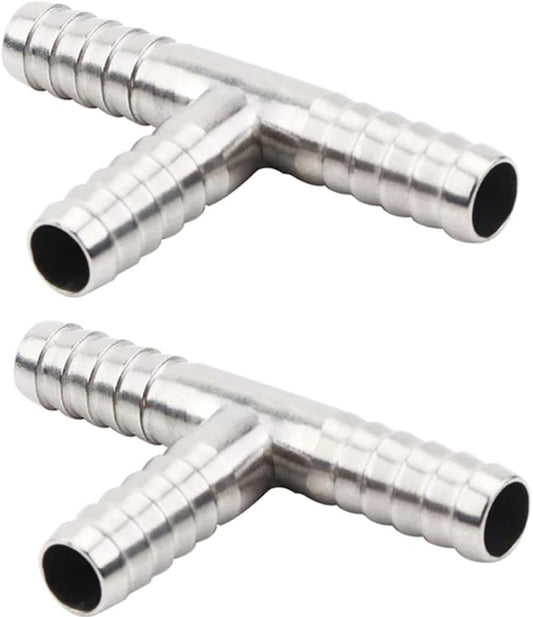 Stainless Steel 1/4" Hose Barb, 3 Way Tee T Shape Barbed Co2 Splitter Fitting (Pack of 2)