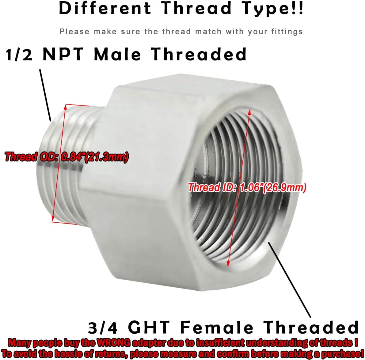 Stainless Steel Garden Hose Adapter, 3/4" GHT Female x 1/2" NPT Male Connector