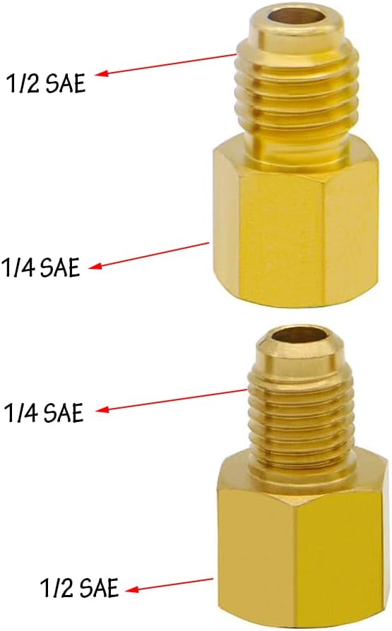 4 PCS R134A Brass Refrigerant Tank Adapter to R12 Fitting Adapter Vacuum Pump Adaptor 1/4 Inch Flare Female to 1/2 Inch Male and 1/2 Female to 1/4 Male Flare(6014&6015)