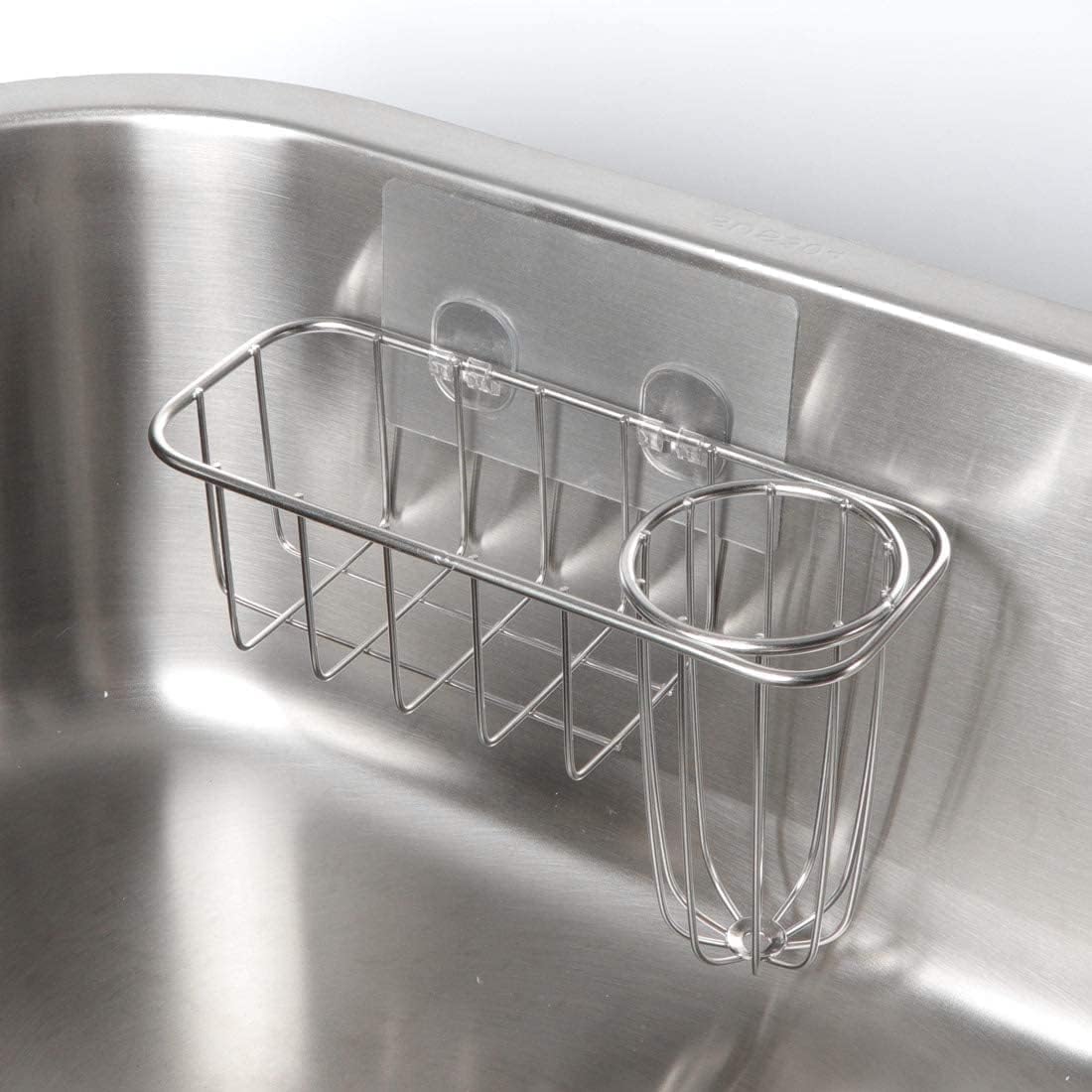 3-in-1 Sponge Holder for Kitchen Sink with Dish Brush Holder, Stainless Steel Caddy for Soap, Scrubber, No Drill and Rustproof, Silver