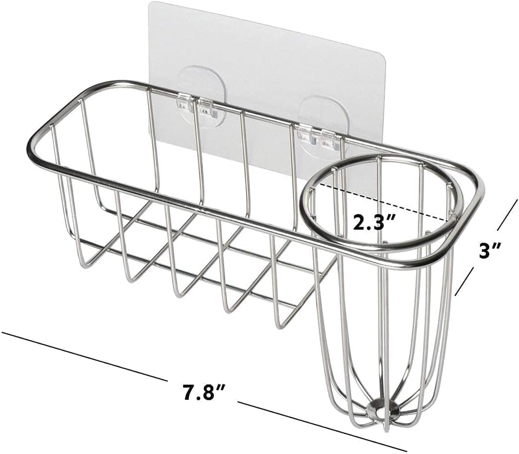 3-in-1 Sponge Holder for Kitchen Sink with Dish Brush Holder, Stainless Steel Caddy for Soap, Scrubber, No Drill and Rustproof, Silver