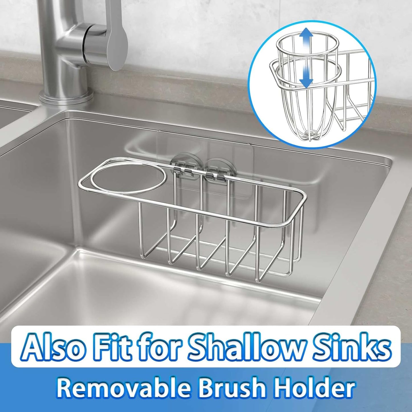 3-in-1 Sponge Holder for Kitchen Sink with Dish Brush Holder, Stainless Steel Caddy for Soap, Scrubber, No Drill and Rustproof, Silver