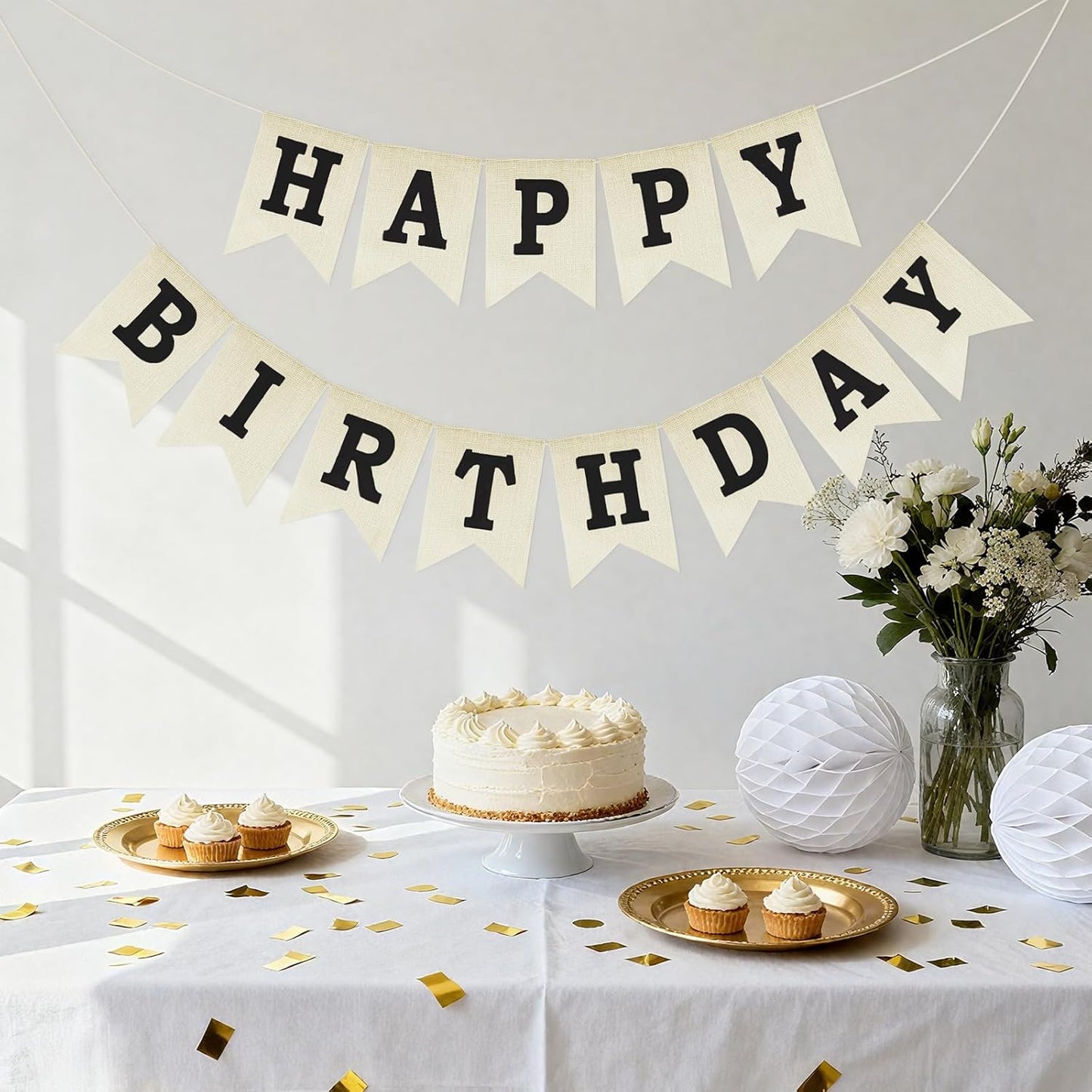 Happy Birthday Banner - NO DIY Black Burlap Happy Birthday Banner Sign Happy Birthdays Party Decoration Happy Birthdays Banners Bunting for Women Men Girl Boy Celebration Party Backdrops