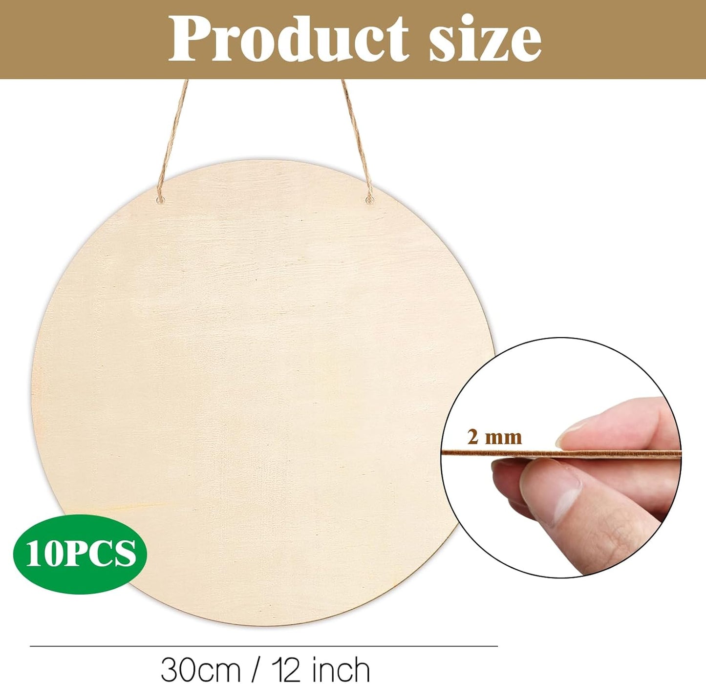 10Pcs Thickened Wood Circles for Crafts with Holes,12" Unfinished Wood Rounds Discs with Twine,Wooden Round Circles for Door Hanger,Blank Wooden Signs for Painting,Wood Burning