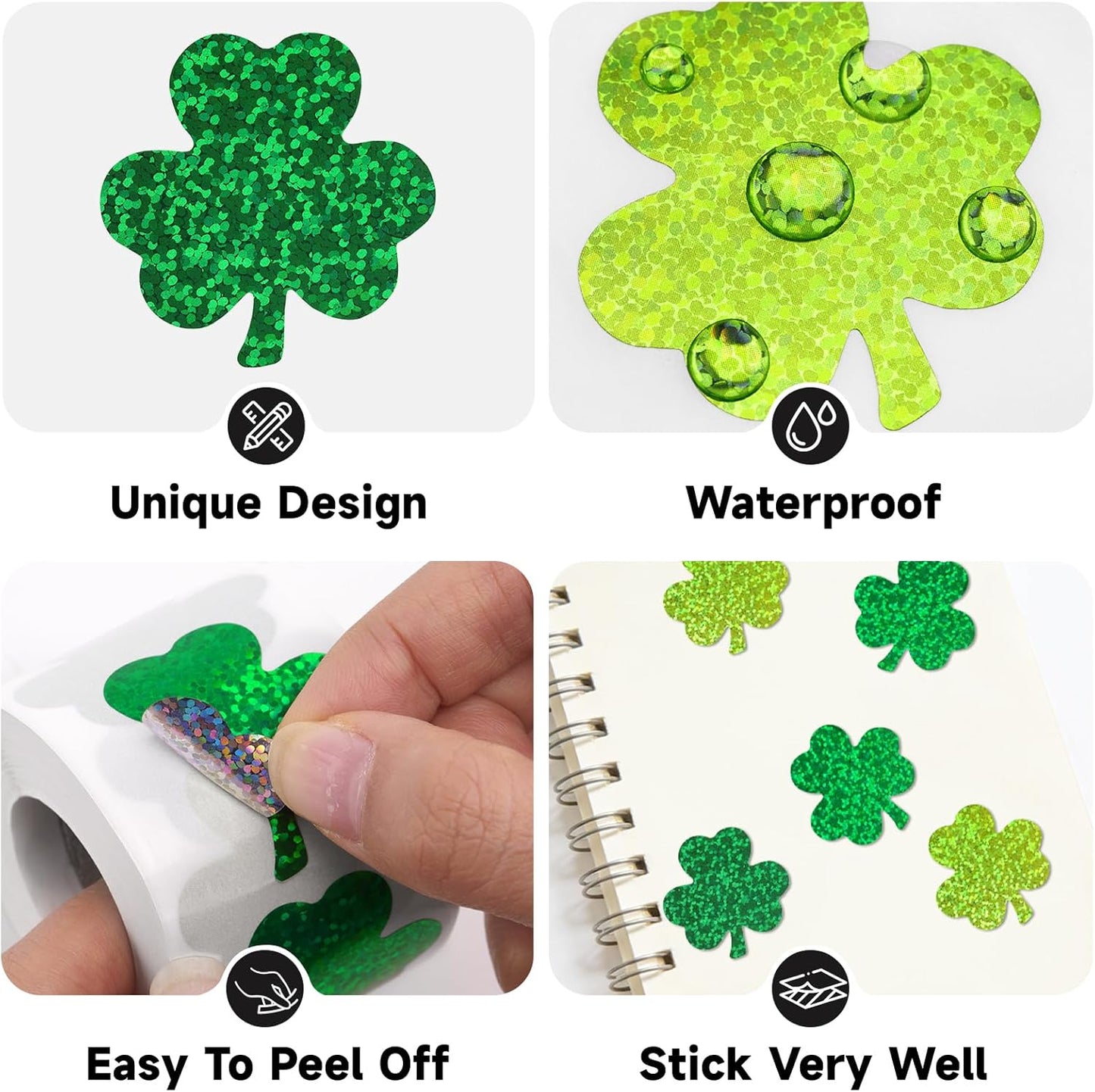 St.Patrick's Day Shamrock Stickers - 500Pcs 1.5'' Laser Shamrock Shape Stickers Roll Self Adhesive Holographic Green Irish Lucky Clover Sticker for Envelope Seal Card St.Patrick's Day (3 Color)