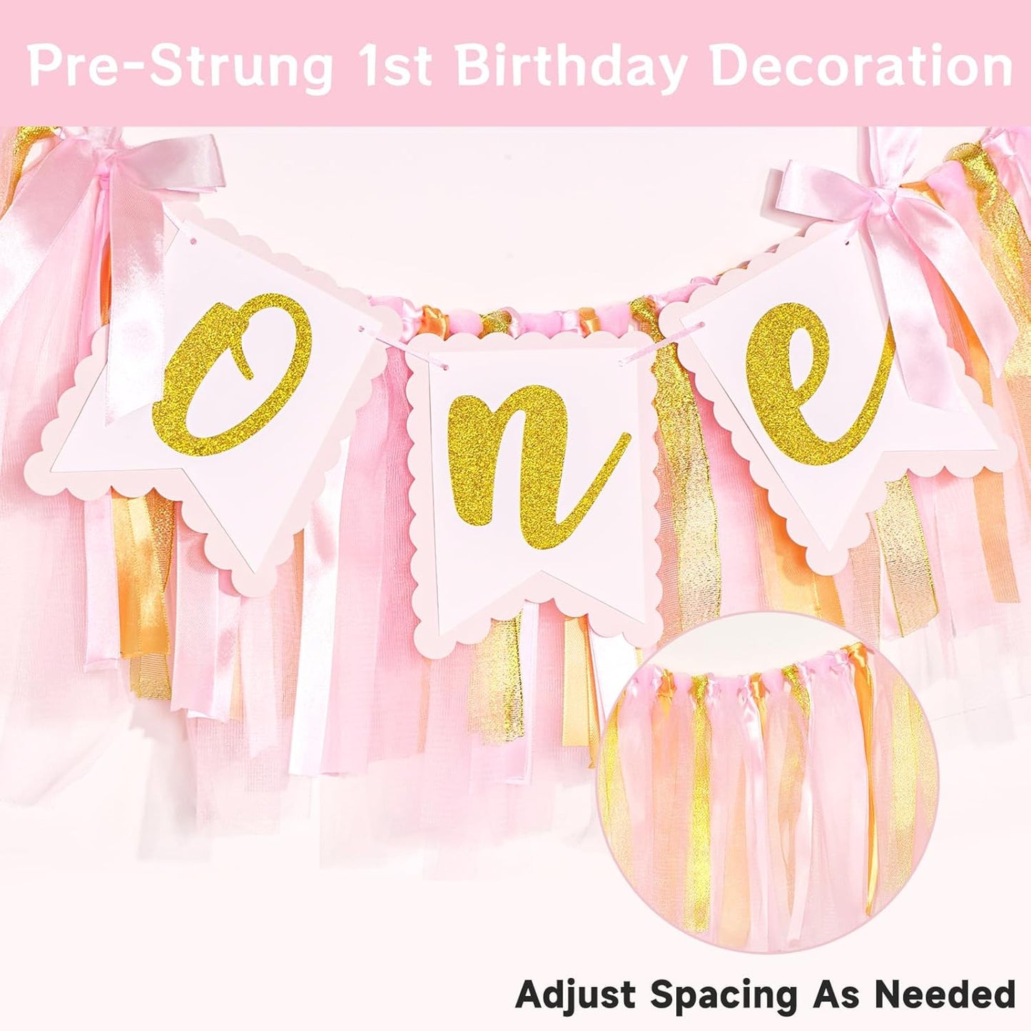 1st Highchair Banner Birthday Girl - NO DIY First Birthday Highchair Banner Pink One Year Old Birthdays Party Decoration 1st Highchair Garland Decoration for Princess Fairy Baby Photo Prop Party Decor