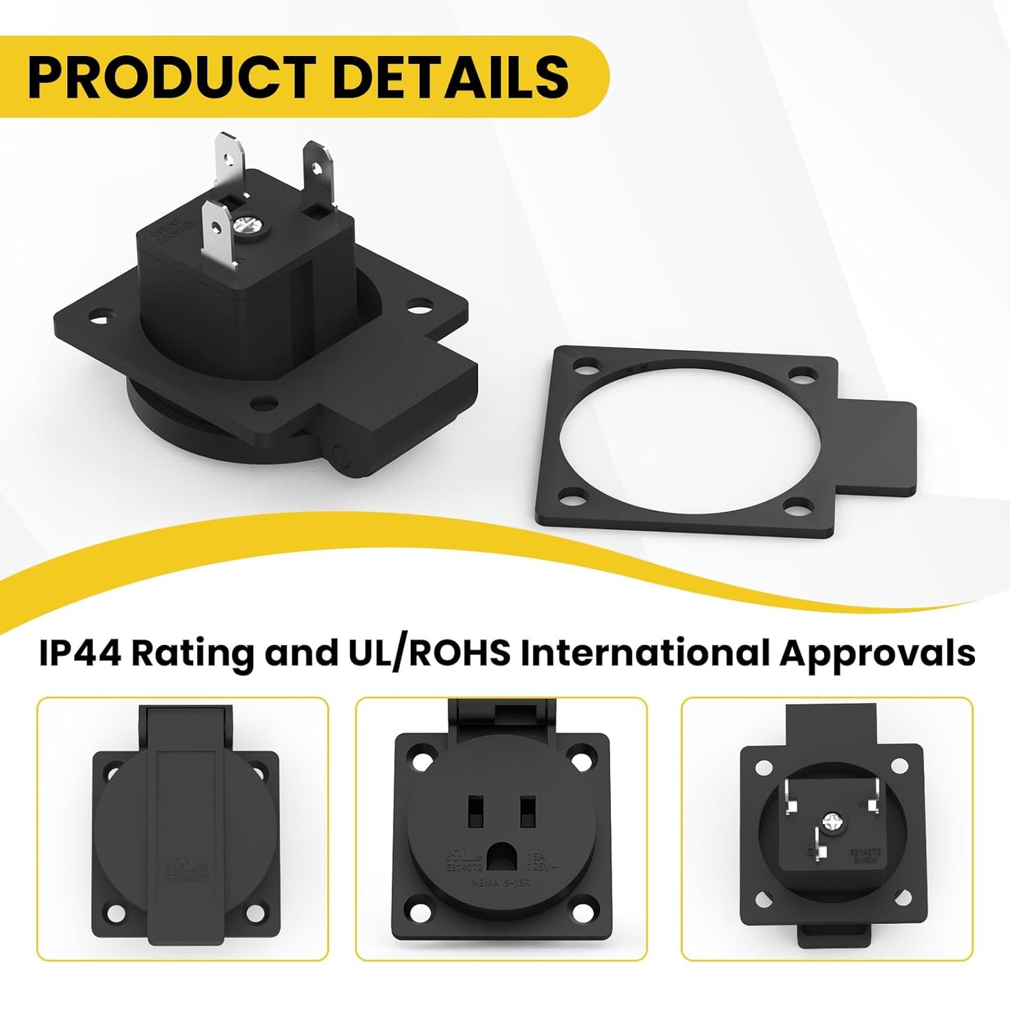 US Standard Water-Proof Power Outlet 15Amp 3-Hole Socket, 125Volt Power Outlet Receptacle, NEMA 5-15R with Cover Socket,Panel Mount Dustproof Industrial Electrical Female Plug (2-Pack)