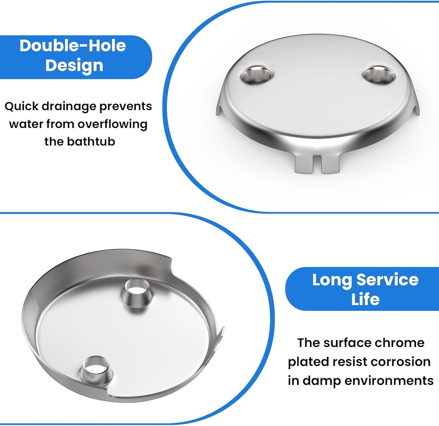 2Pcs 2-Hole Bathtub Overflow Face Plate | Universal Zinc Alloy Tub Overflow Drain Cover with Screws | Chrome Finish