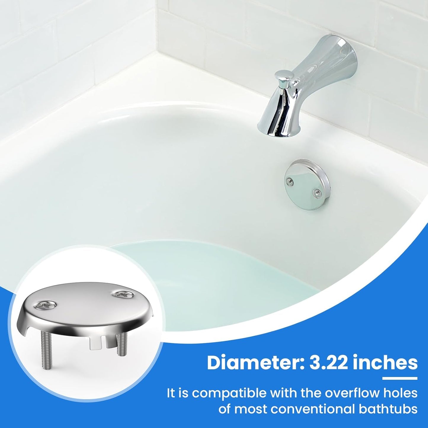 2Pcs 2-Hole Bathtub Overflow Face Plate | Universal Zinc Alloy Tub Overflow Drain Cover with Screws | Chrome Finish