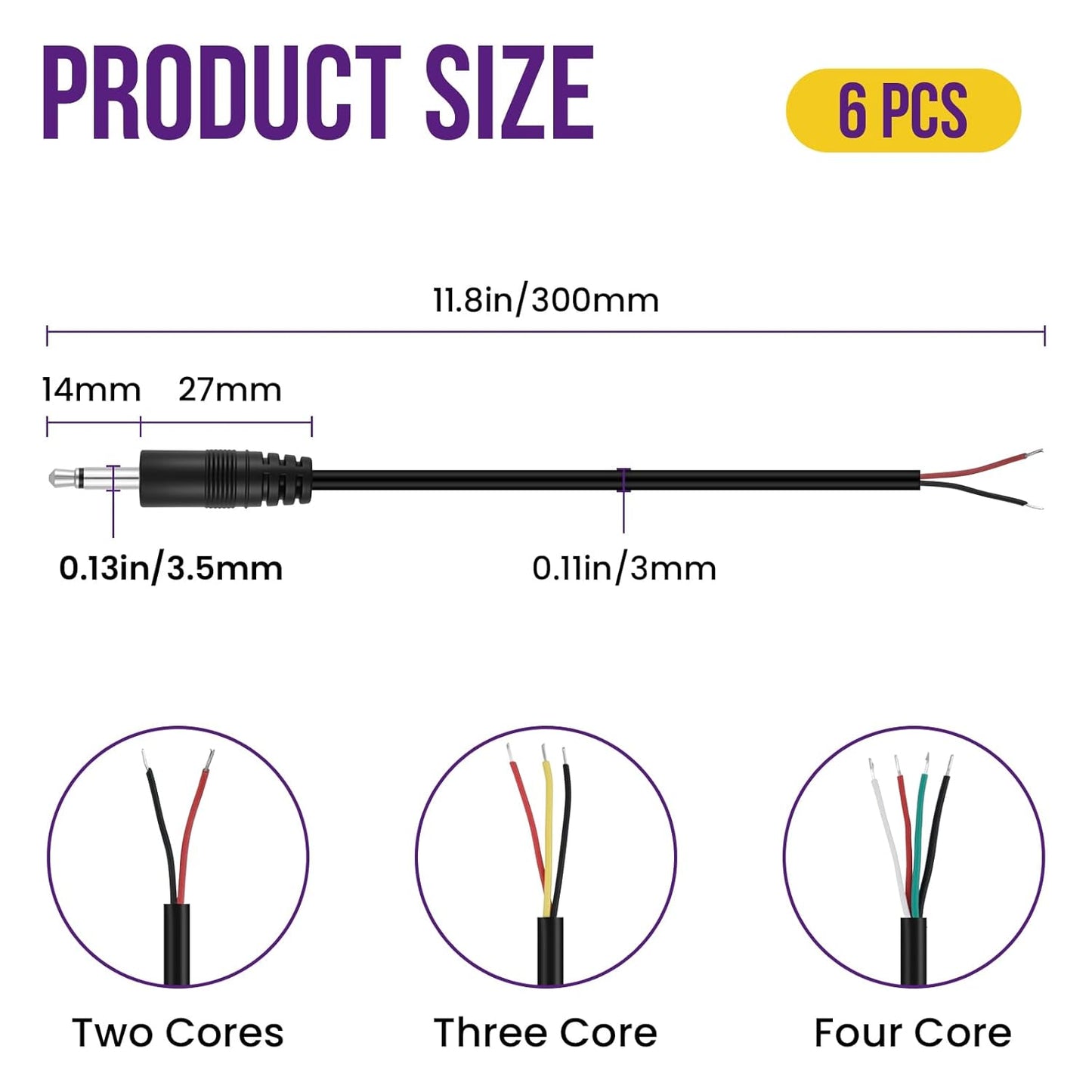 6 Pcs 3.5mm Male Plug to Bare Wire Cables, 2, 3 & 4 Pole Audio Cables for Repair - Compatible with Headphones, Speakers, Microphones, Scanners & More