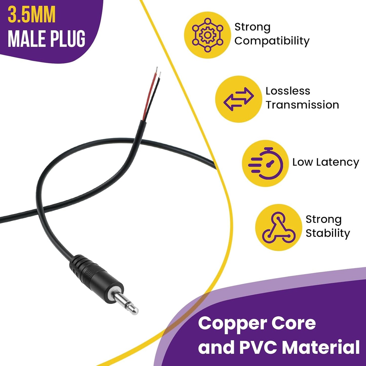 6 Pcs 3.5mm Male Plug to Bare Wire Cables, 2, 3 & 4 Pole Audio Cables for Repair - Compatible with Headphones, Speakers, Microphones, Scanners & More