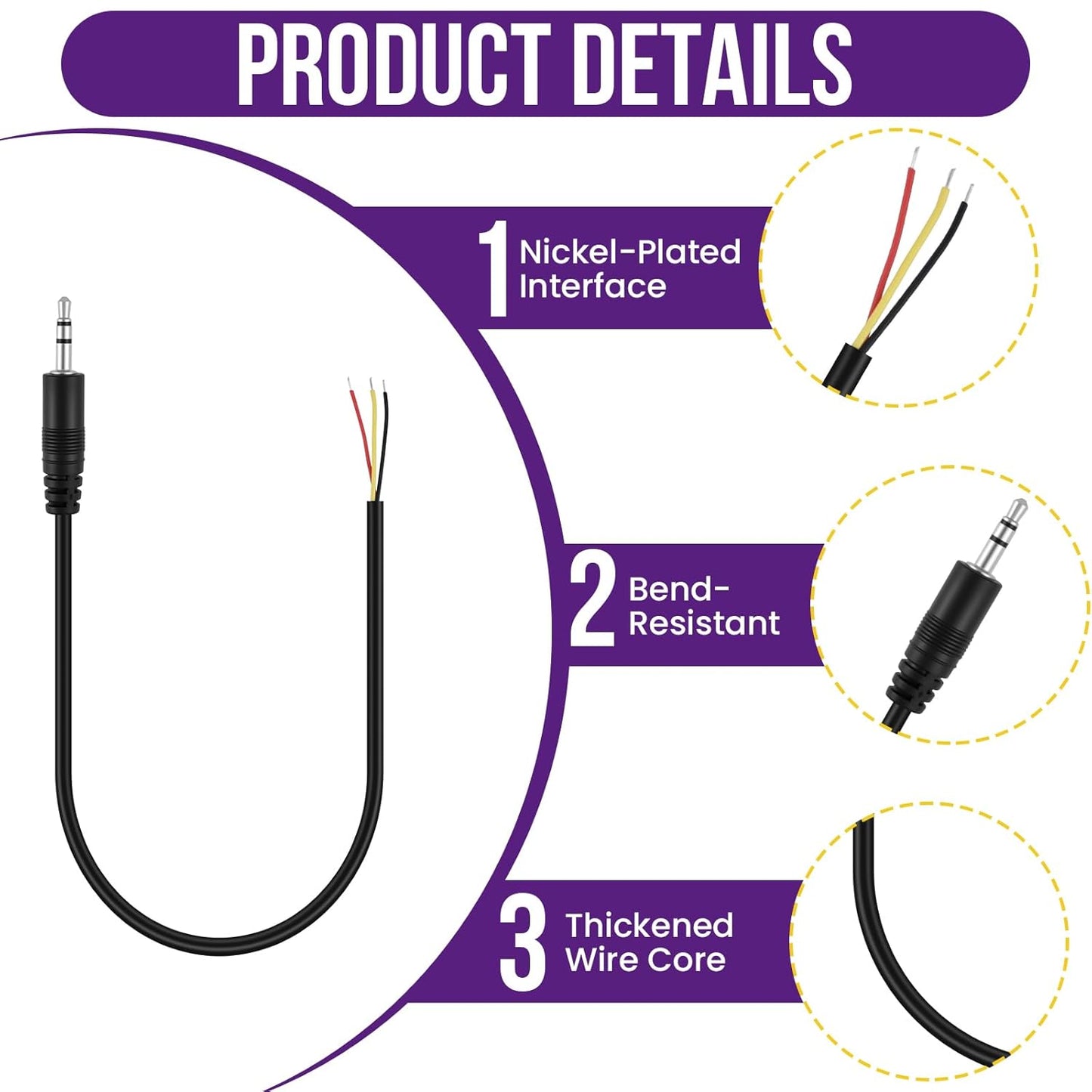 6 Pcs 3.5mm Male Plug to Bare Wire Cables, 2, 3 & 4 Pole Audio Cables for Repair - Compatible with Headphones, Speakers, Microphones, Scanners & More