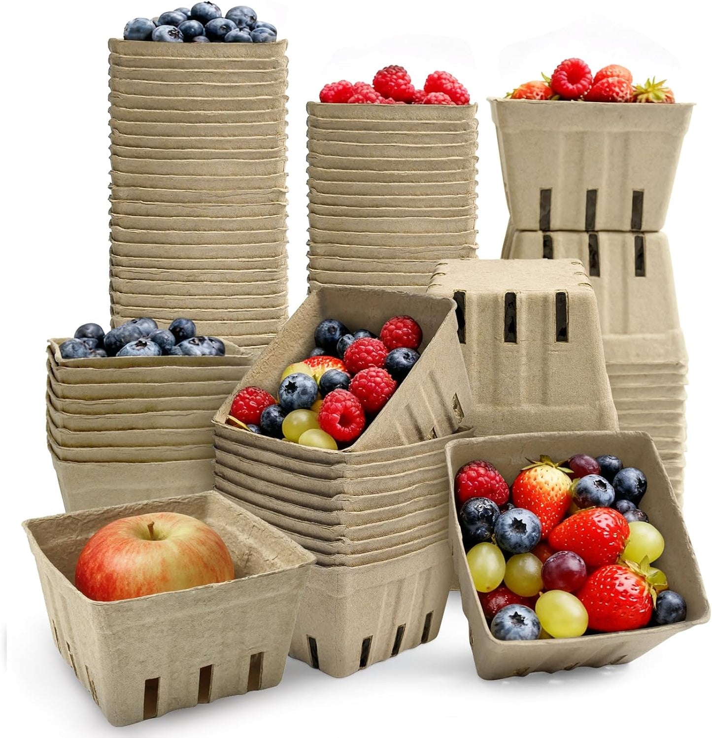 45 Pack Natural Pulp Fiber Berry Baskets, 4.3x4.3x2.7 Inch Molded Produce Vented Basket Fruit Tray for Strawberry Blueberry Raspberry Fruit Vegetable Farmer Market Grocery
