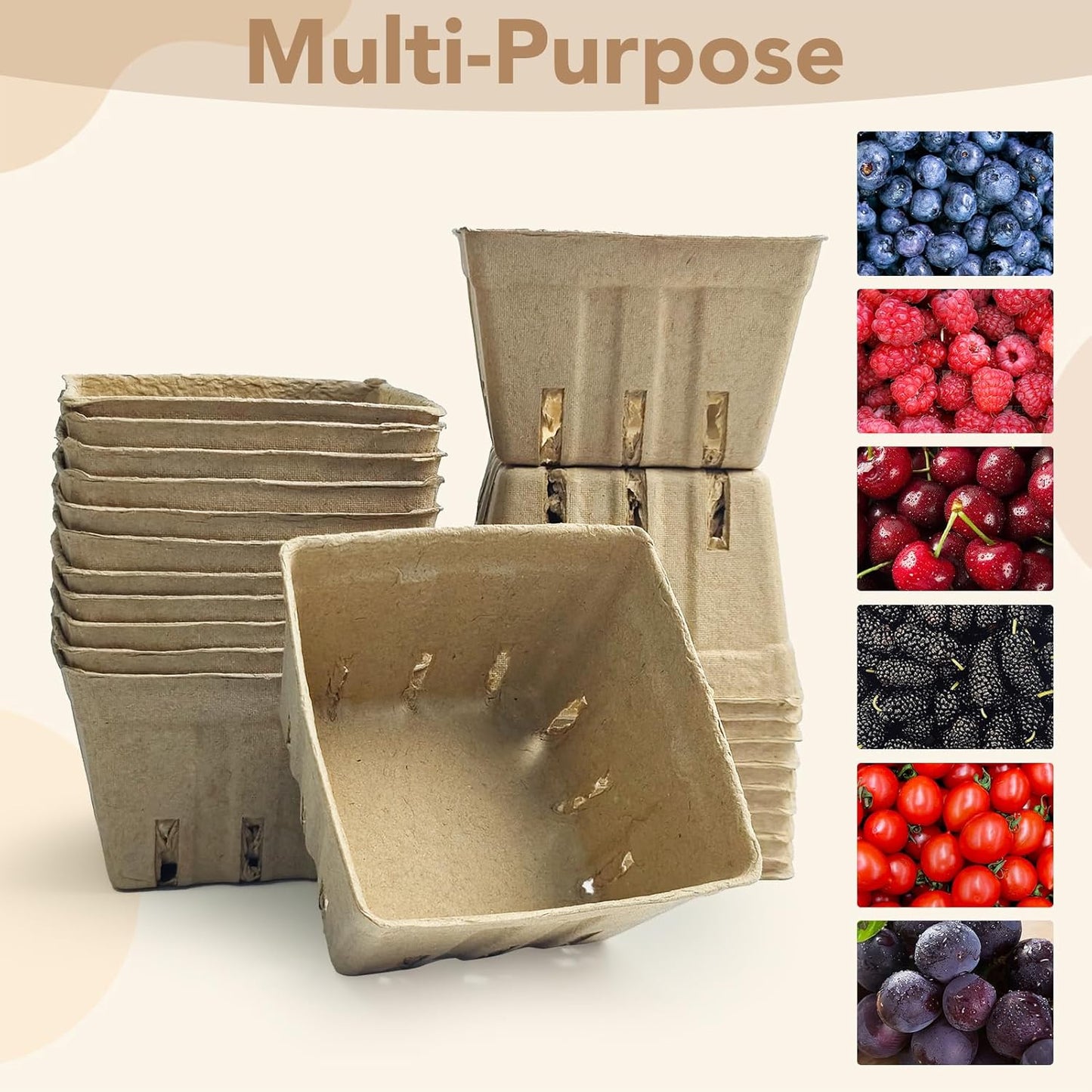 45 Pack Natural Pulp Fiber Berry Baskets, 4.3x4.3x2.7 Inch Molded Produce Vented Basket Fruit Tray for Strawberry Blueberry Raspberry Fruit Vegetable Farmer Market Grocery